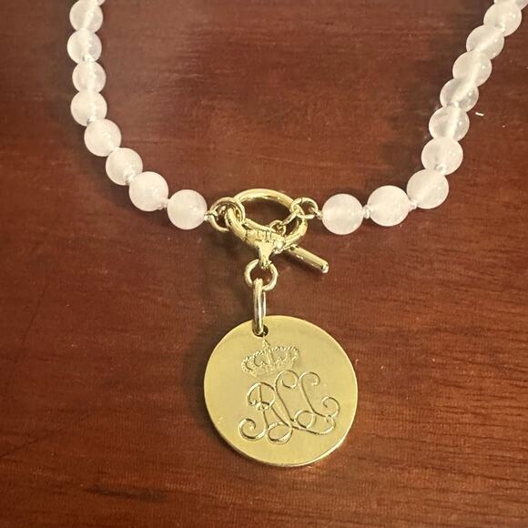 Lauren Ralph Lauren Necklace LRL Light Pink Beaded Gold Monogram Charm Clasp - Picture 1 of 13